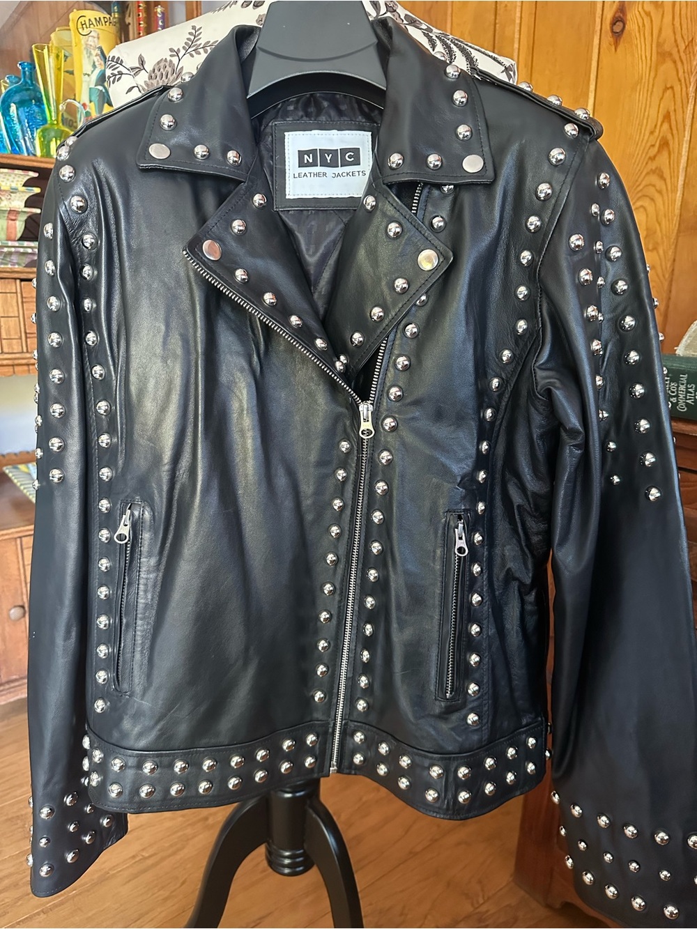 NYC Custom Studded Black Leather Motorcycle Jacket L Unworn New